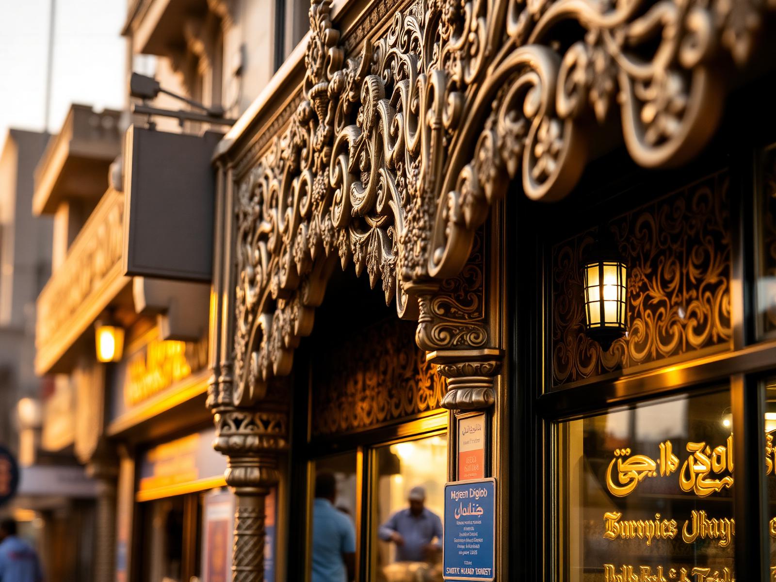 Ornate Dubai Gold Souq exterior detail at golden hour in Deira