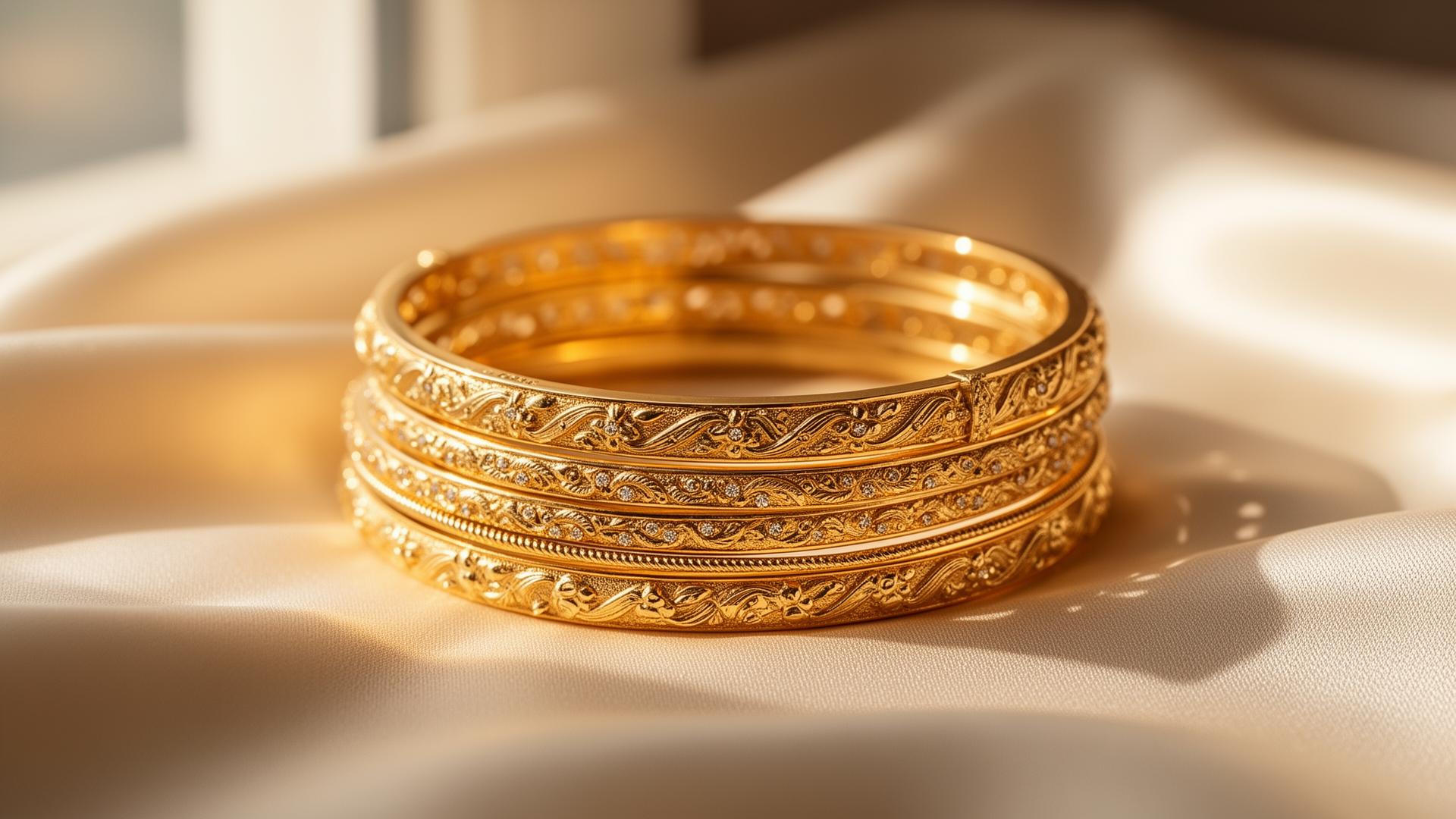 Stacked 22K gold bangles on warm ivory silk in Dubai natural light